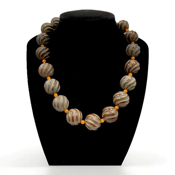 Carved Melon Bead Necklace Sterling Silver Toggle Clasp Jasper/Agate? Heavy - Picture 1 of 7
